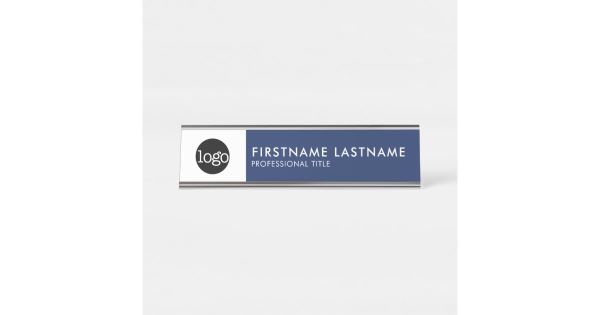 Modern Navy Blue And White Add Logo Name Title Desk Name Plate