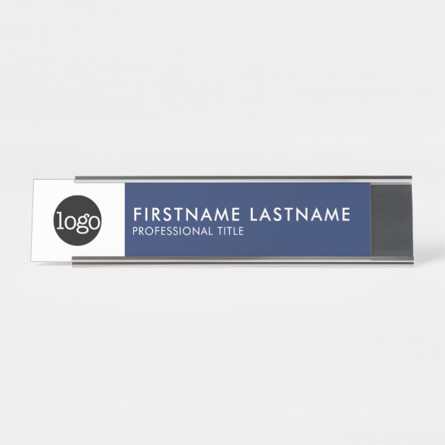Modern Navy Blue and White - Add Logo, Name, Title Desk Name Plate