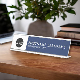 Modern Navy Blue and White - Add Logo, Name, Title Desk Name Plate