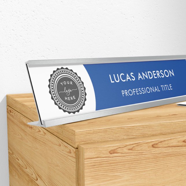 Modern Navy Blue and White - Add Logo, Name, Title Desk Name Plate (Creator Uploaded)