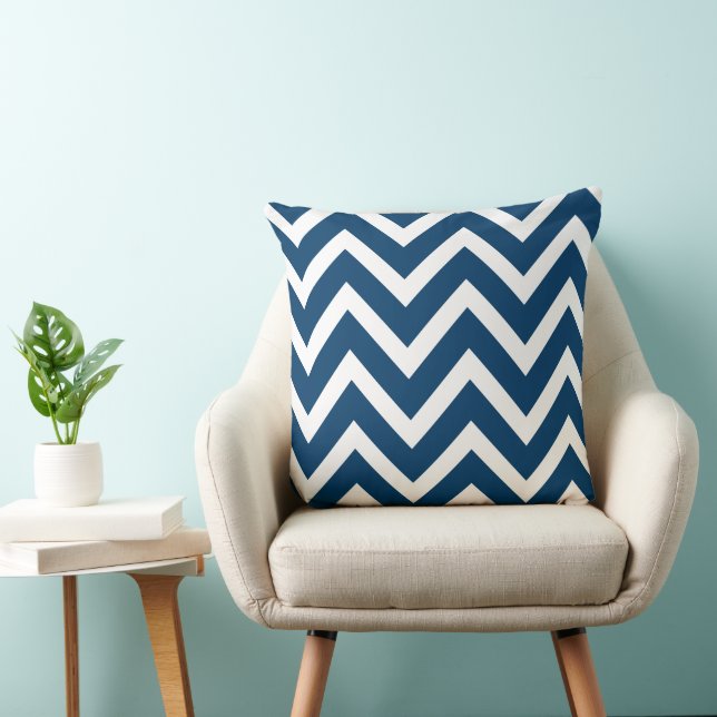 Modern Navy Blue and White Chevron Stripes Throw Pillow (Chair)