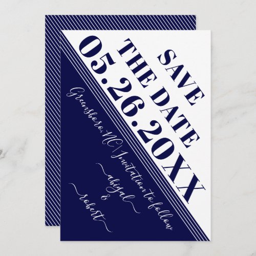Modern navy blue and white diagonal stripes save the date