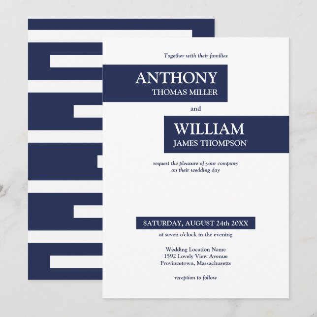 Modern Navy Blue and White Geometric Lines Wedding Invitation (Front/Back)