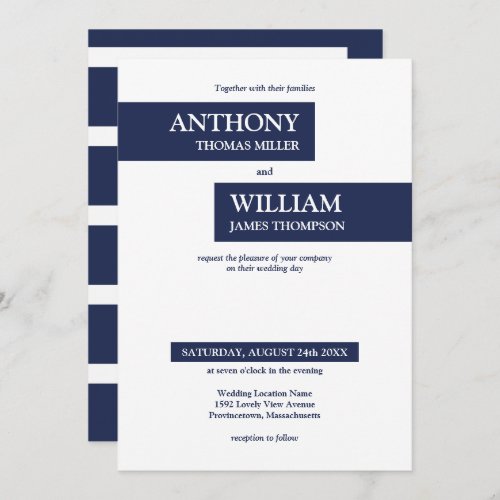 Modern Navy Blue and White Geometric Lines Wedding Invitation