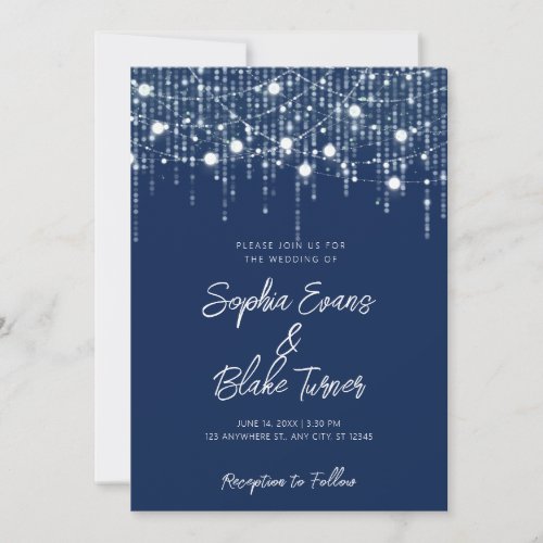 Modern Navy Blue and White Hanging Lights Wedding Invitation