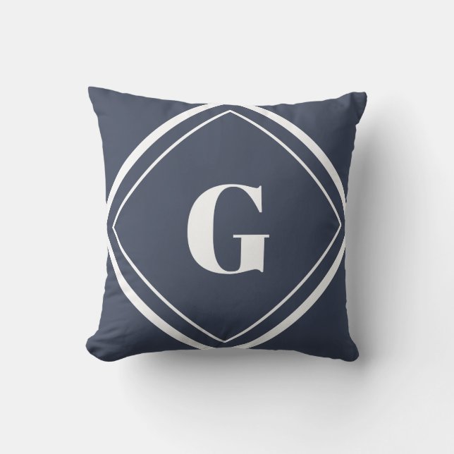 Modern Navy Blue and White Monogram Throw Pillow (Front)