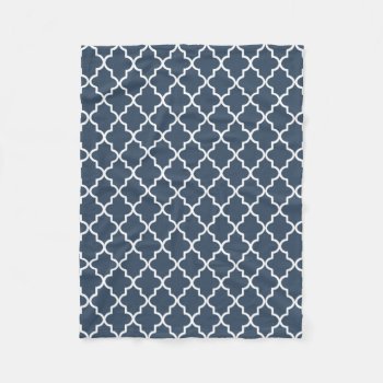 Modern Navy Blue And White Moroccan Quatrefoil Fleece Blanket by cardeddesigns at Zazzle