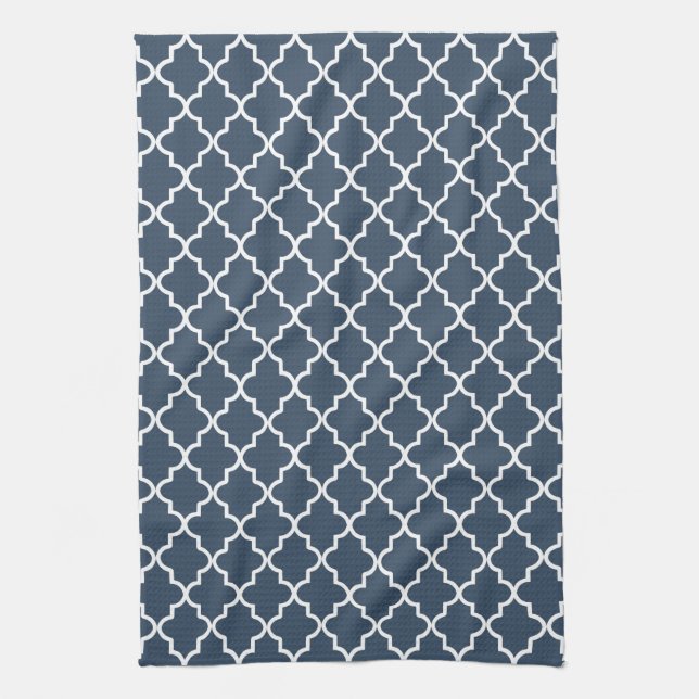 Modern Navy Blue and White Moroccan Quatrefoil Kitchen Towel (Vertical)