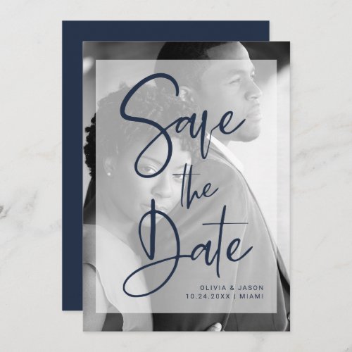 Modern Navy Blue and White Overlay  Photo Save The Date
