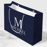 Modern Navy Blue and White Personalized Groomsman Large Gift Bag<br><div class="desc">Modern Personalized Groomsman Gifts
featuring personalized monogram,  groomsman's name and title in white classic serif font style on navy blue background.

Also perfect for best man,  father of the bride,  ring bearer and more.</div>