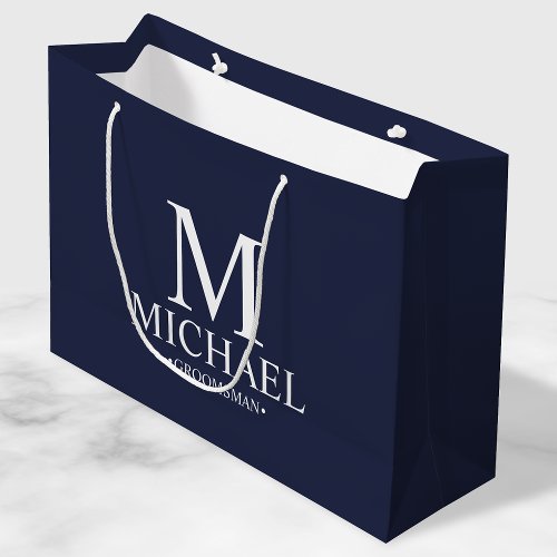 Modern Navy Blue and White Personalized Groomsman Large Gift Bag
