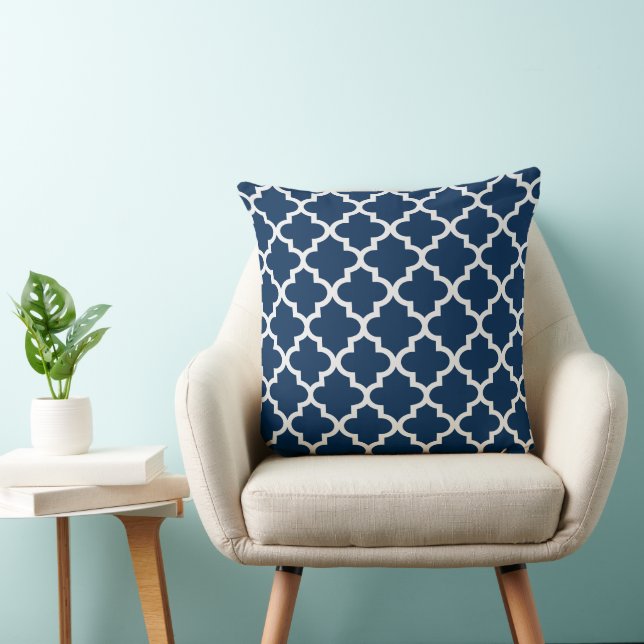 Modern Navy Blue and White Quatrefoil Pattern Throw Pillow (Chair)