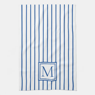 Modern Navy Blue and White Stripe Monogram Kitchen Towel