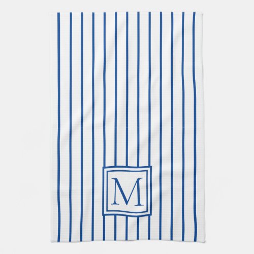 Modern Navy Blue and White Stripe Monogram Kitchen Towel