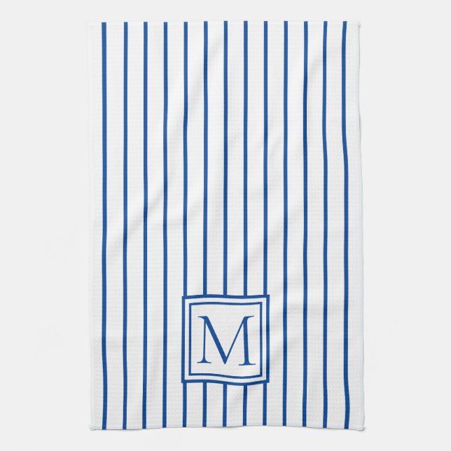 Modern Navy Blue and White Stripe Monogram Kitchen Towel (Vertical)