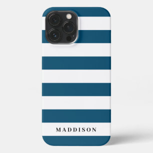 Modern Navy Blue and White Stripe Personalized iPhone 13 Pro Max Case