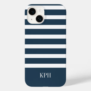 Modern Navy Blue and White Stripe with Monogram Case-Mate iPhone 14 Case