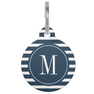 Modern Navy Blue and White Stripe with Monogram Pet ID Tag