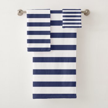 Modern Navy Blue And White Striped Bath Towel Set by InTrendPatterns at Zazzle