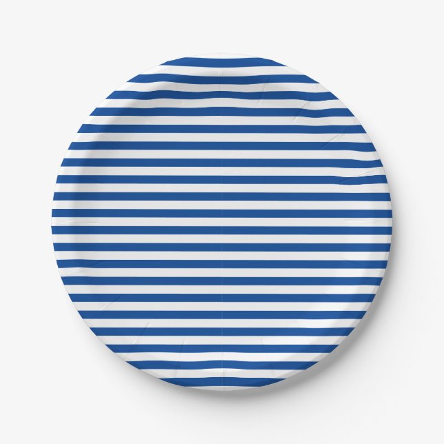 Modern Navy Blue and White Striped Paper Plate (Front)