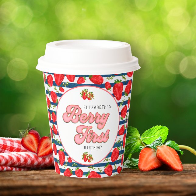 Modern Navy Blue and White Stripes Berry First Paper Cups (Creator Uploaded)