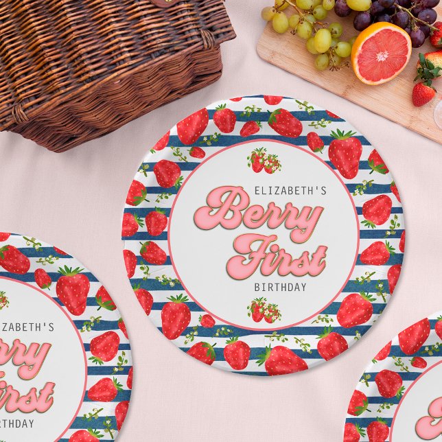 Modern Navy Blue and White Stripes Berry First Paper Plates (Creator Uploaded)