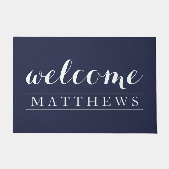 Modern navy blue and white Welcome  Doormat (Front)