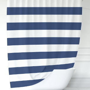 Modern Navy Blue and White Wide Stripes Shower Curtain