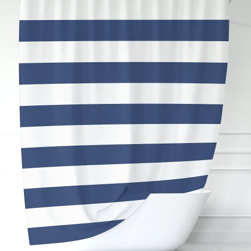 Modern Navy Blue And White Wide Stripes Shower Curtain