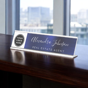 Modern Navy Blue and White with Logo, Name, Title Desk Name Plate