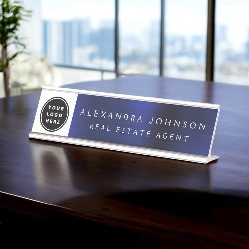 Modern Navy Blue and White with Logo, Name, Title Desk Name Plate