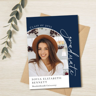 Modern Navy Blue Arch Photo Graduation Party Invitation