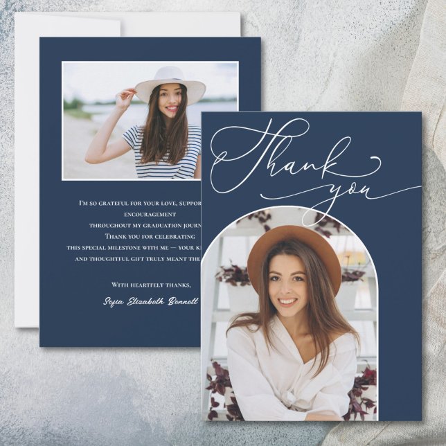 Modern Navy Blue Arch Photo Graduation  Thank You Card (Creator Uploaded)
