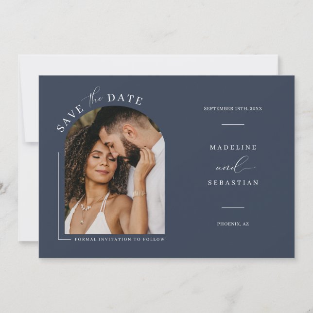 Modern Navy Blue Arch Photo QR Code Save the Date  Invitation (Front)