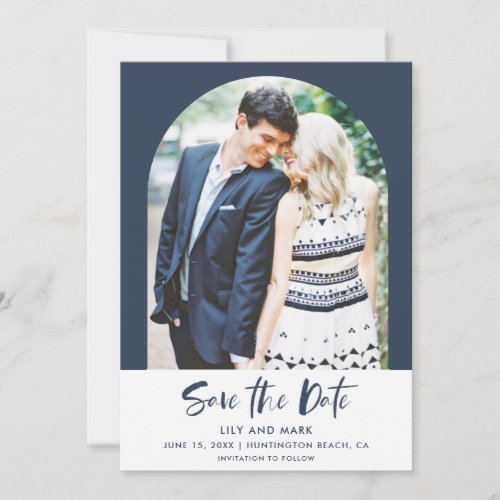 Modern Navy Blue Arch Photo Wedding Save the Date