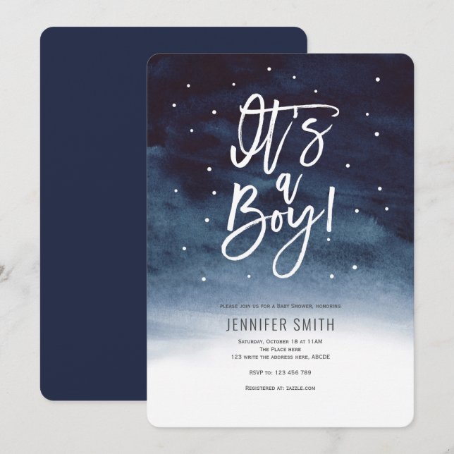 Modern, Navy Blue, Baby Boy Shower Invitation (Front/Back)
