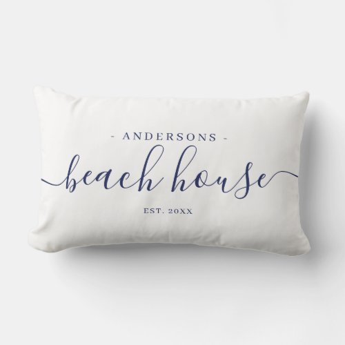 Modern navy blue beach house custom name  lumbar pillow