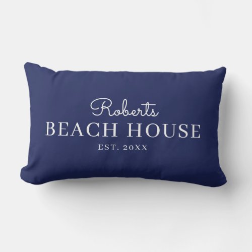 Modern navy blue beach house custom name  lumbar pillow