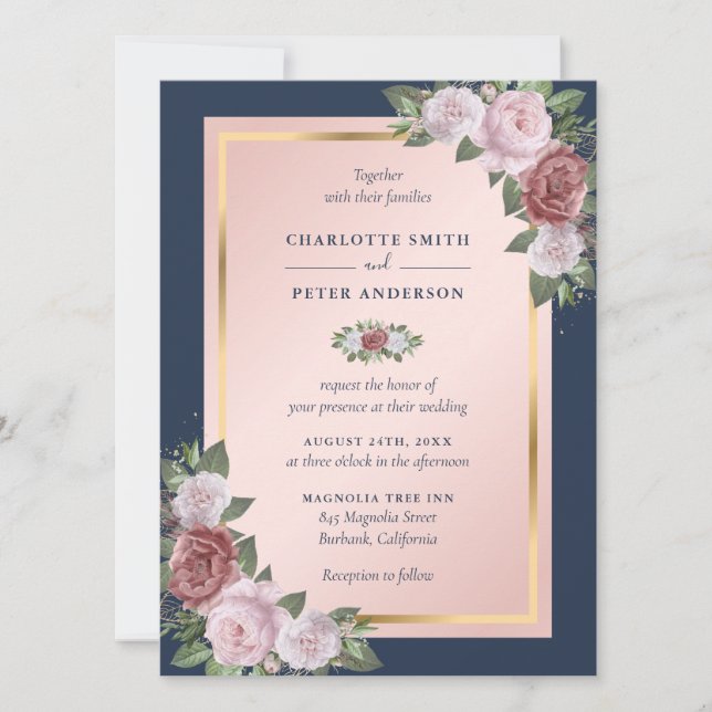 Modern Navy Blue Blush Gold Floral Wedding Invitation (Front)