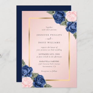 Modern Navy Blue Blush Pink Gold Floral Wedding Invitation