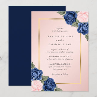 Modern Navy Blue Blush Pink Gold Floral Wedding Invitation
