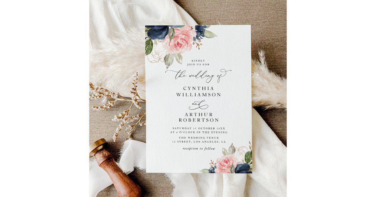 modern navy blue & blush watercolor floral wedding invitation | Zazzle