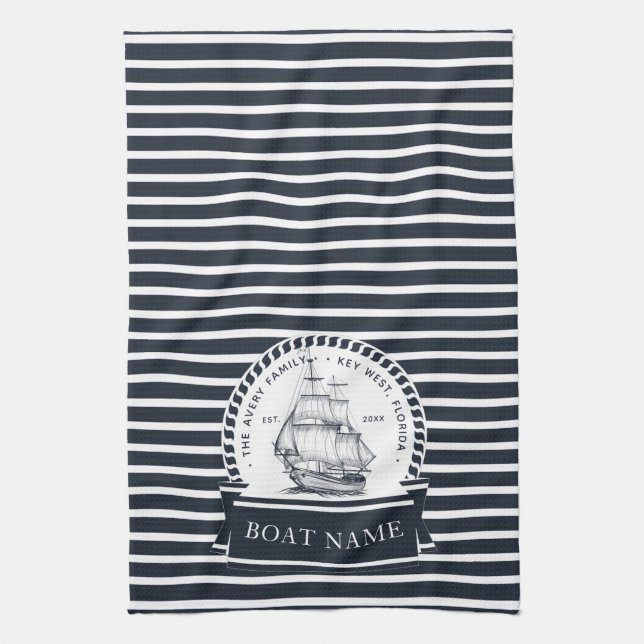 Modern Navy Blue Boat Name Personalized Kitchen Towel (Vertical)