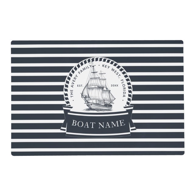 Modern Navy Blue Boat Personalized Family Name Placemat (Front)