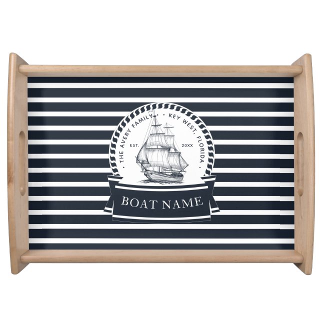 Modern Navy Blue Boat Personalized Serving Tray (Front)