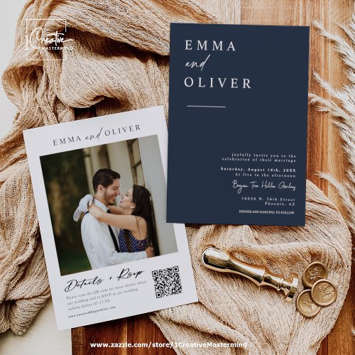 Modern Navy Blue Boho Wedding Photo QR Code RSVP Invitation