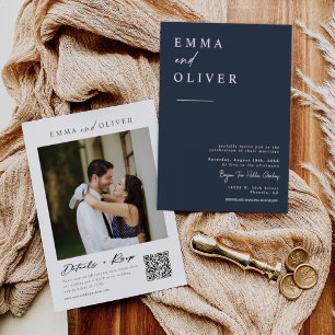 Modern Navy Blue Boho Wedding Photo QR Code RSVP Invitation
