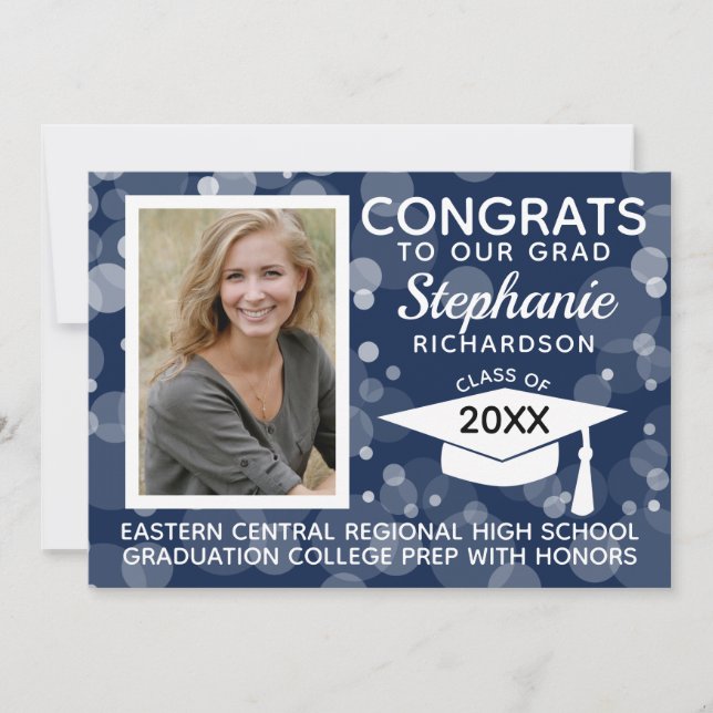 Modern Navy Blue Bokeh Bubbles Photo Graduation Invitation (Front)