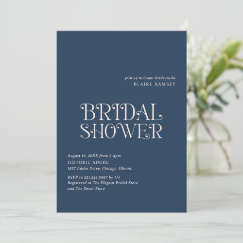Modern Navy Blue Bold Elegant Bridal Shower Invitation