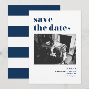 Modern Navy Blue Bold Typography with Heart Photo Save The Date